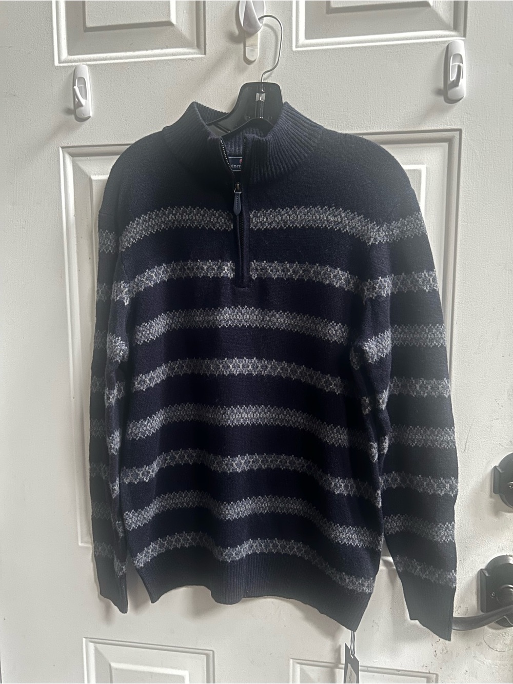 Vineyard Vines Fair Isle Stripped Navy Blue & Gray Quarter Zip-Up Sweater Sz S